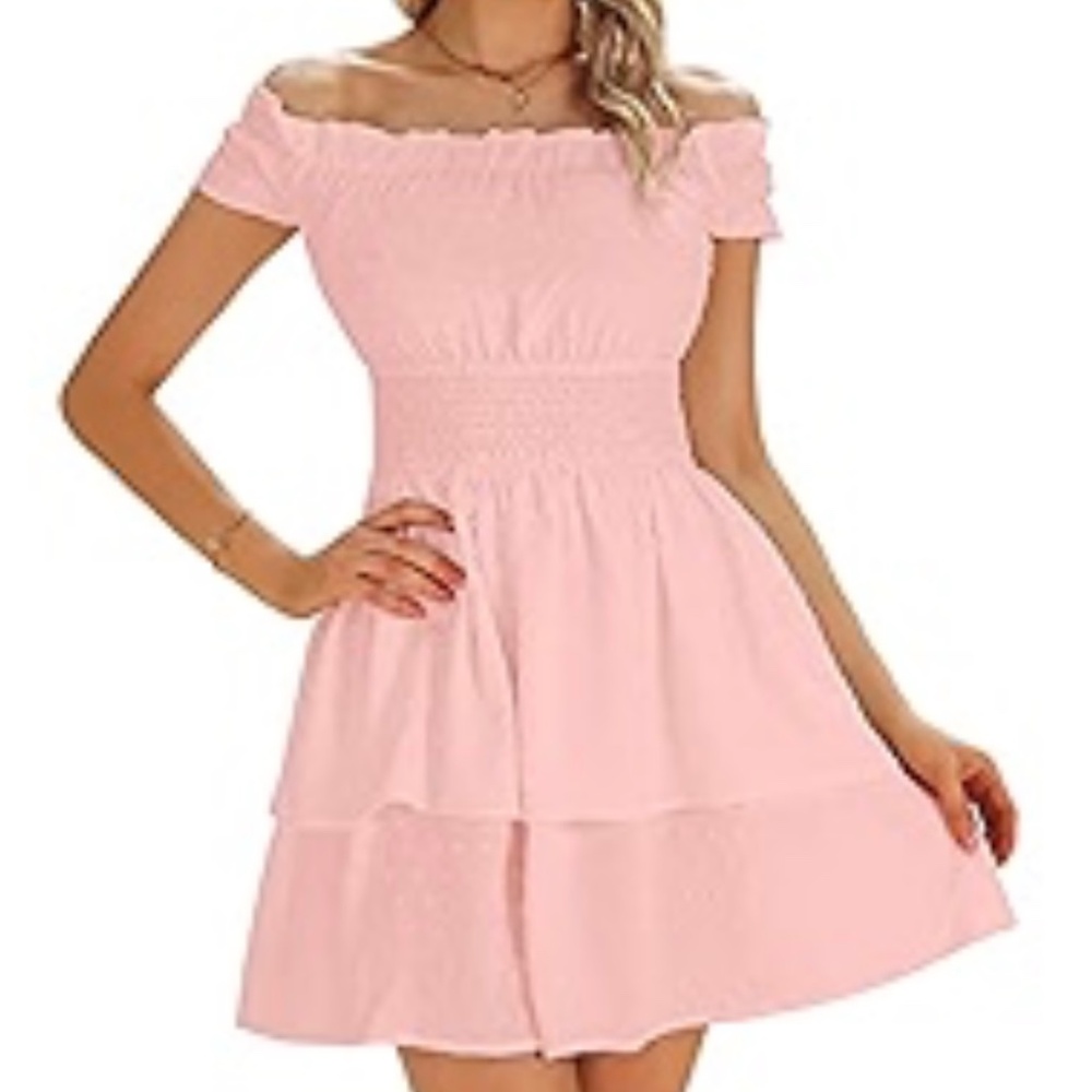 Pink Off-Shoulder Smocked Dress with Tiered Skirt - Size XL